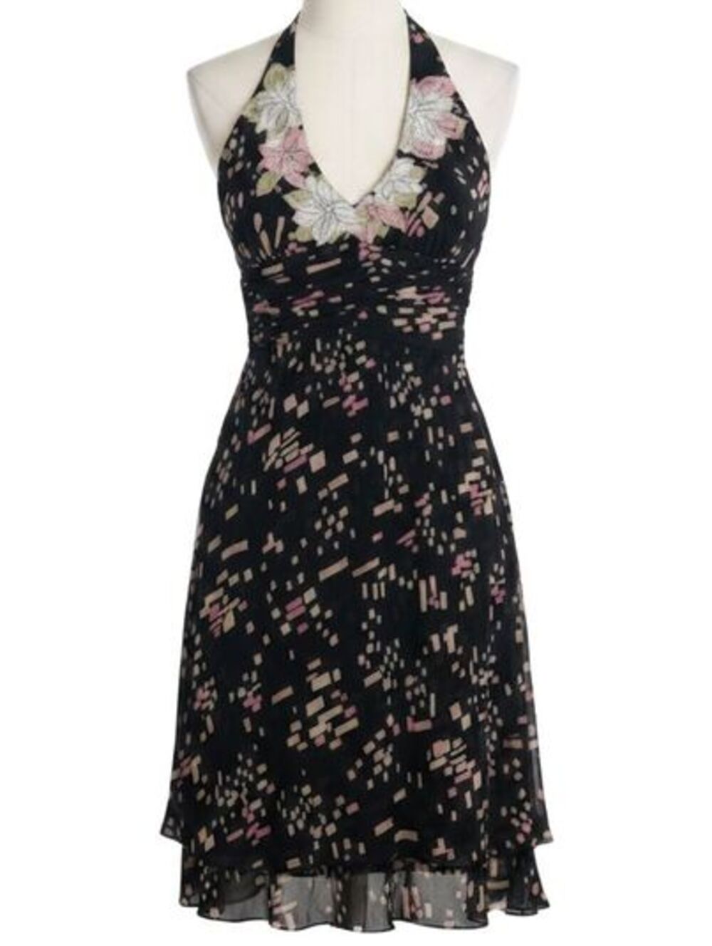 Vintage Y2K BCBGMAXAZRIA 100% Silk Floral Applique Halter Midi Dress Size 4
